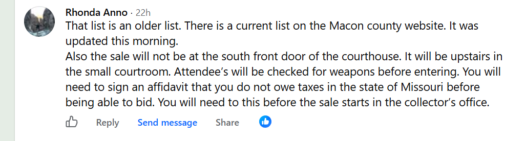 Screenshot of Macon County Collector Rhonda Anno's comment on the Chronicle's Aug. 17 story